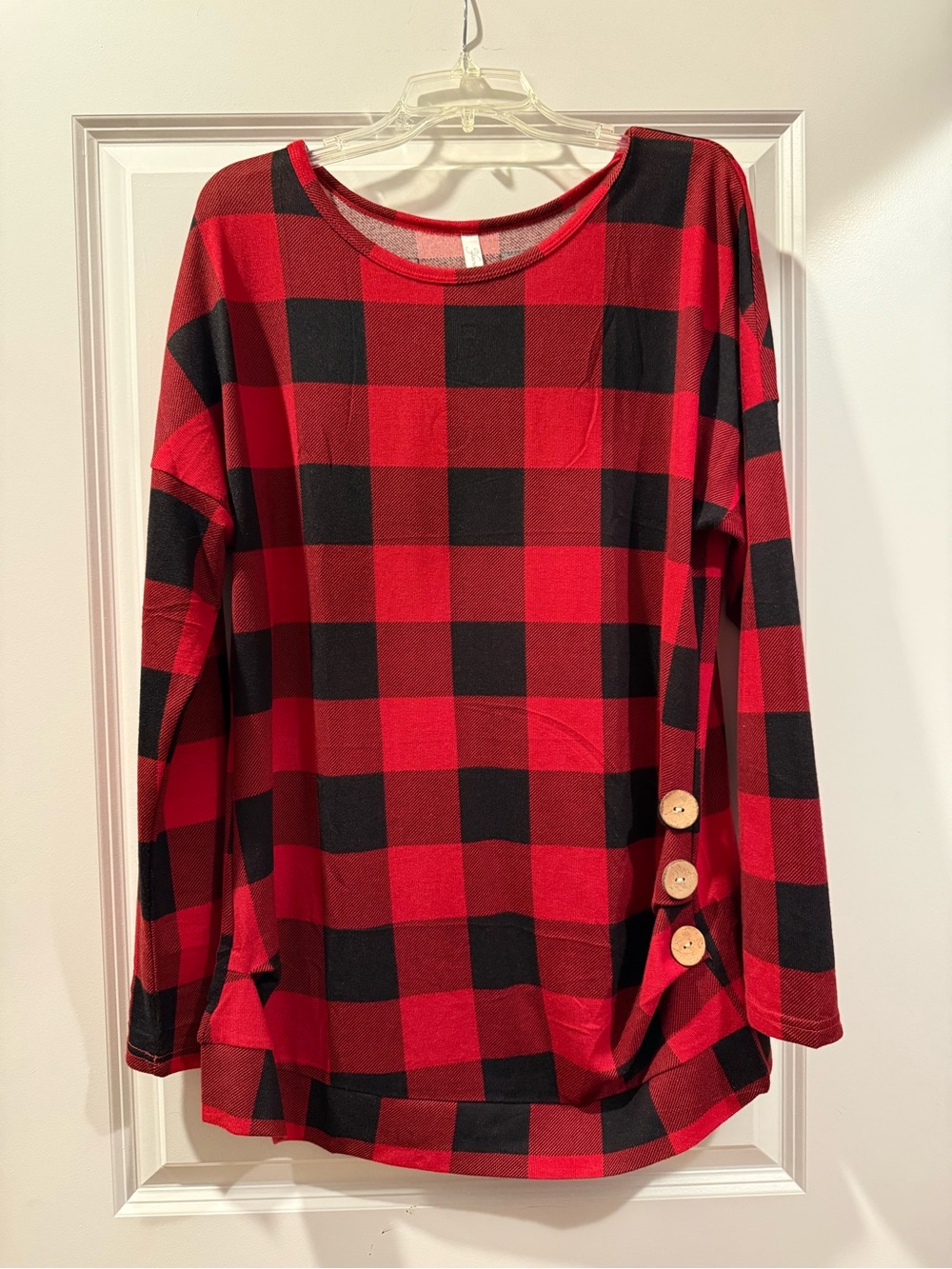 Women’s Red Buffalo Plaid Button-Side Long Sleeve Top
